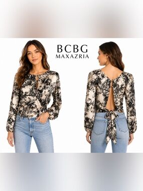 BCBGMAXAZRIA 100% Silk Blouse Women’s XS Baroque Print Open Back Tie Waist Top